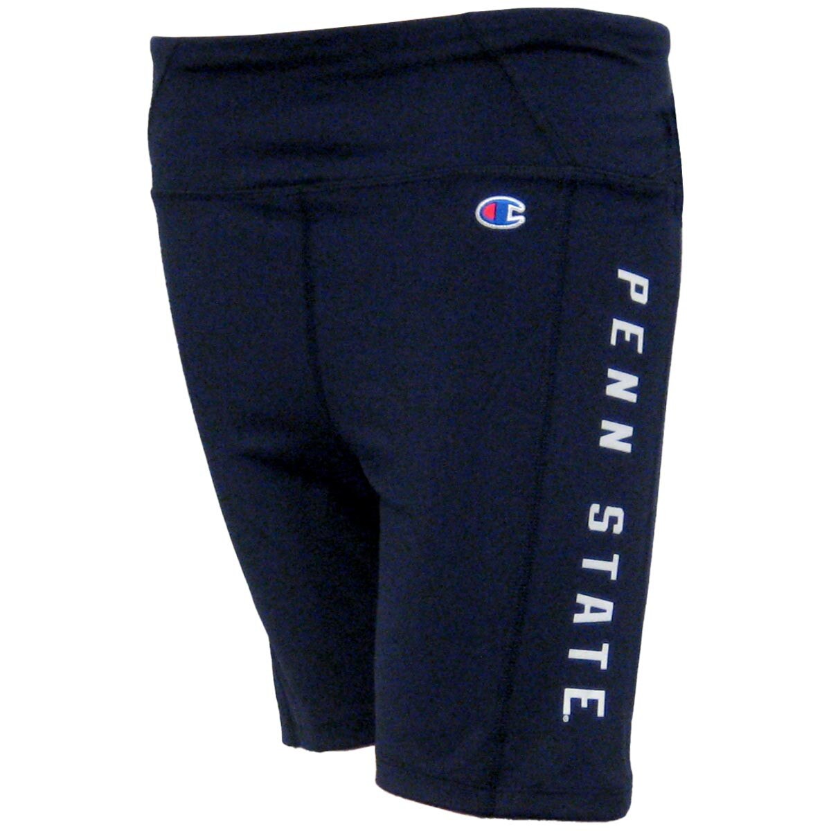women's navy biker shorts with white Penn State down left leg